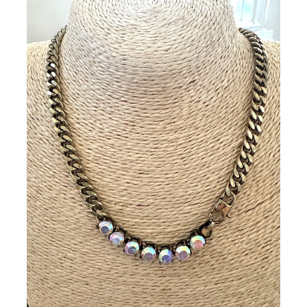 ATG Crystal AB Gold Chain Necklace Aurora Borealis Rhinestone Statement NWOT